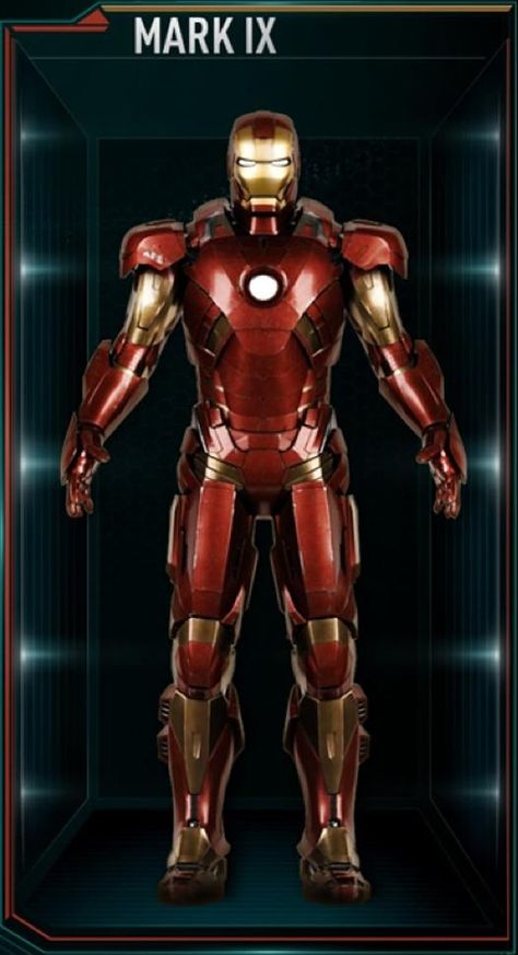 The Mark 9 (Mark IX) is a Fully-Loaded Suit, and was the ninth suit created by Tony Stark, to surpass the Mark VIII, sometime after the events of The Avengers... All Iron Man Suits, Film Marvel, Iron Man Movie, Iron Man Art, Stark Industries, Iron Man Suit, Iron Man Armor, Iron Man Tony Stark, Man Suit