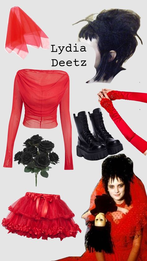 #lydiadeetz #beetlejuice #red #halloweenmovie #inspocostume Beetle Juice Red Dress, Diy Lydia Deetz Costume Red, Lydia Red Dress Beetlejuice, Beetlejuice Movie Outfit Ideas, Red Dress Costume Ideas Halloween, Halloween Costumes Lydia Deetz, Halloween Costumes Beetlejuice Women, Beetlejuice Inspired Outfit Lydia, Lydia Deetz Diy Costume