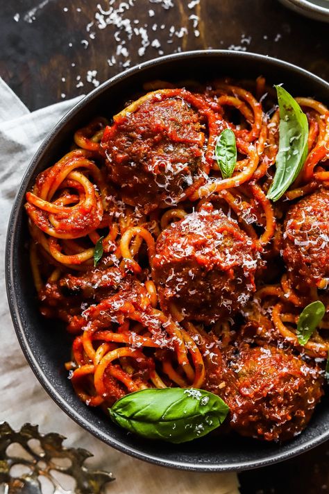 Classic Spaghetti and Meatballs Recipe | So Much Food Spaghetti Meatballs Sauce, Basic Meatball Recipe, Basic Meatballs, Spaghetti And Meatballs Recipe, Braised Pork Shoulder, Sausage Parmesan, Perfect Meatballs, So Much Food, Tender Meatballs