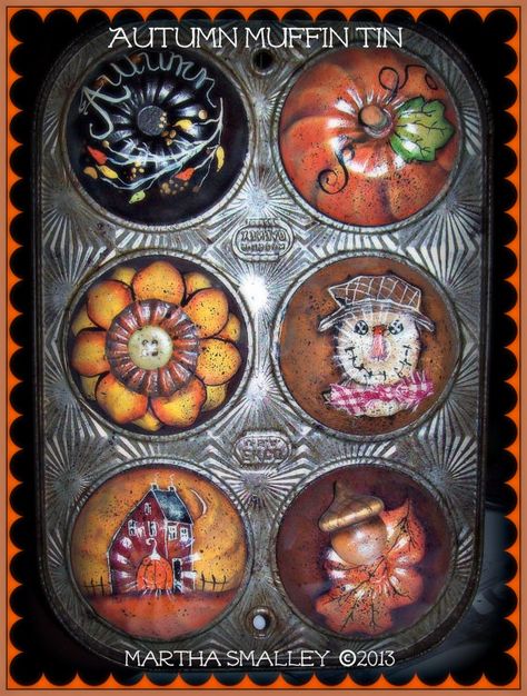 Apple Tree Cottage Original Design E Pattern by appletreecottage, $5.00 Muffin Tin Crafts, Halloween Muffin, Painted Cans, Autumn Projects, Tin Crafts, Fall Paintings, Tree Cottage, Jello Mold, Tole Painting Patterns