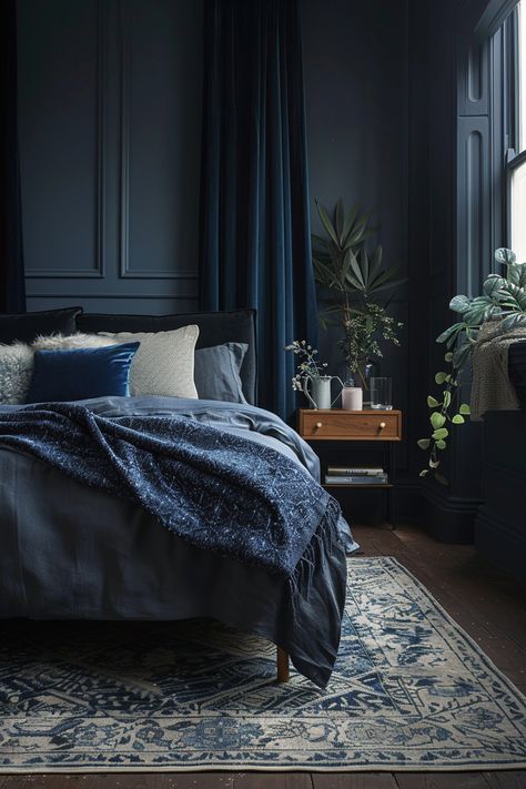 Gothic Blue Bedroom, Indigo Room Aesthetic, Monochrome Blue Bedroom, Moody Blue Bedroom Ideas, Moody Bedroom Blue, Dark Blue Moody Bedroom, Blue Color Drenched Bedroom, Black And Navy Bedroom, Blue Moody Bedroom