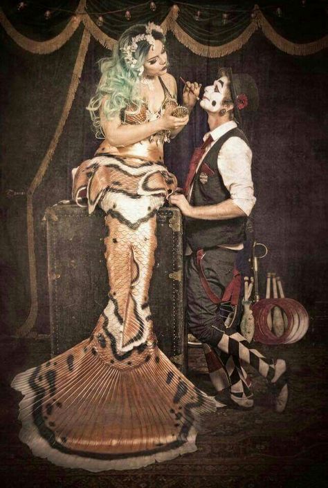 Mermaid Raven and her husband Tyler - the owners of Merbella Studios, Inc. Raven is wearing her clownfish tail here. This tail also appears in the 2017 Weeki Wachee Mermaid Calendar. Circus Mermaid, Merbella Studios, Weeki Wachee Mermaids, Universal Halloween Horror Nights, Famous Clowns, Realistic Mermaid Tails, Realistic Mermaid, Mermaid Photography, Silicone Mermaid Tails