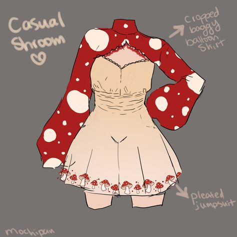 Mushroom Clothes Drawing, Sweater Ideas Design, Mushroom Dress Drawing, Mushroom Outfit Drawing, Mushroom Outfits, Mushroom Oc, Anime Mushroom, Mushroom Clothes, Mushroom Outfit