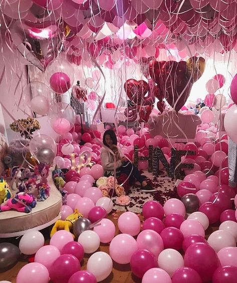 Balloons, Ceiling, Hotel, Birthday, Silver, Pink, White, Instagram