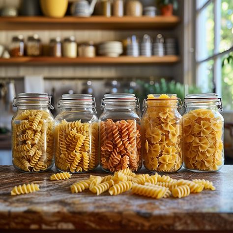 Pasta Storage #Display: Assorted #pasta types beautifully displayed in clear glass #jars on a wooden #kitchen counter. #wooden #counter #aiart #aiphoto #stockcake ⬇️ #Download and 📝 #Prompt 👉 https://stockcake.com/i/pasta-storage-display_221875_41478 Wooden Kitchen Counter, Pasta Jars, Pasta Storage, Pasta Types, Wooden Counter, Clear Glass Jars, Storage Display, Wooden Kitchen, Kitchen Counter