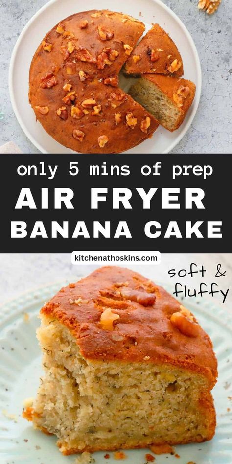 Air Fryer Banana Cake is wonderfully soft and fluffy with the perfect texture and flavor. With just takes 5 minutes prep time, this is a fool proof recipe. Banana Cake In Air Fryer, Air Fryer Banana Cake, Airfryer Banana Bread, Airfryer Easy Recipes, Air Fryer Cake Recipes Easy, Banana Bread Air Fryer, Airfryer Bread, Cake Air Fryer, Air Fryer Banana Bread