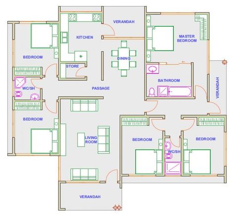 House Plan Id-8262, 4 Bedrooms, 4851+1814 Bricks And 163 Corrugates 6B4 Bungalow House Floor Plans, Square House Plans, Small Modern House Plans, 5 Bedroom House Plans, Modern House Floor Plans, Small Modern House, Bungalow Floor Plans, Bungalow Style House Plans, Bungalow Style House