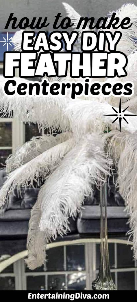 How To Make Gorgeous DIY Ostrich Feather Centerpieces (+ 7 variations) 20s Centerpieces, Roaring 20s Centerpieces, Diy Ostrich Feather, Masquerade Centerpieces, Ostrich Feather Centerpieces, Gatsby Party Decorations, Diy Feather, Purple Feathers, Eiffel Tower Vases