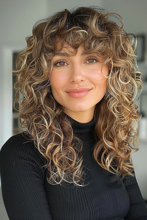 The Best Curly Hairstyles & Haircuts of 2024 Curly Shag Before And After, Curly With Fringe, Heavy Bangs Curly Hair, Long Curly Layers With Bangs, 2c Hair With Bangs, Rezo Cut Curly Hair Short, Layered Curly Haircuts With Bangs, Curly Haircut Bangs, Curly Hair With Long Bangs