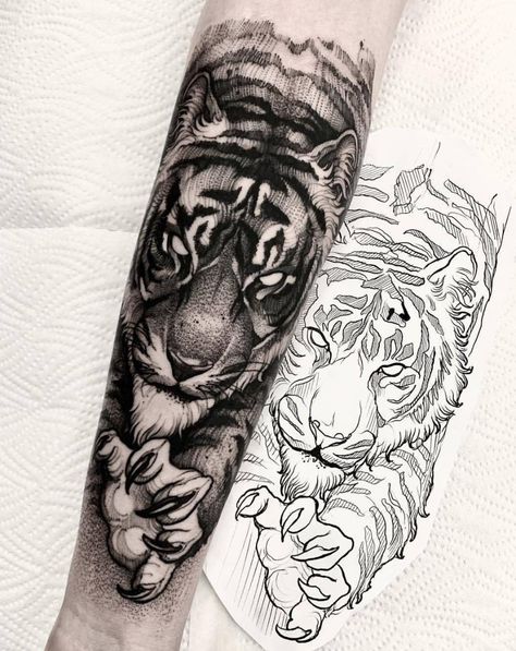 Black And White Tiger Tattoo, Tiger Forearm Tattoo, White Tiger Tattoo, Rabe Tattoo, Tiger Tattoo Sleeve, Lion Tattoo Sleeves, Tiger Tattoo Design, Forarm Tattoos, Tattoo Zeichnungen