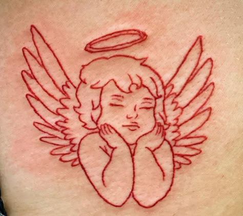 #tattoo #angel #baby Black Baby Angel Tattoo, Red Ink Angel Tattoo, Angel Hip Tattoo, Baby Angles Tattoos, Red Angel Tattoo, Little Devil Tattoo, Angel Baby Tattoo, Devil And Angel Tattoo, Angel Hand Tattoo