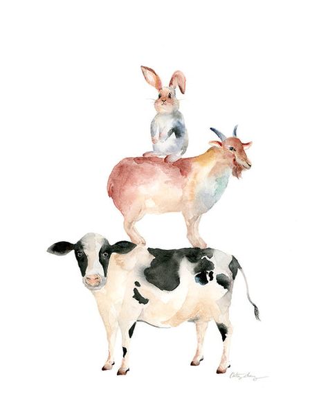 Rabbit, Goat, and Cow - Chinese Zodiac Inspired Watercolor Art Print – Easy Sunday Club Wall Art For Nursery, Art For Nursery, Owl Watercolor, Diy Watercolor Painting, San Gabriel, Loose Watercolor, Floral Prints Art, Chinese Zodiac, Watercolor Animals