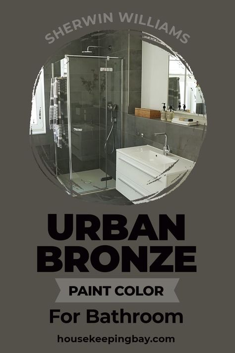 Urban Bronze in a Bathroom by Sherwin Williams. The bathroom is another place where a bronze palette will look very luxurious. Competently combining colors, you can create both a gently enveloping and fresh-cool interior. For the fans of solid-strict bathrooms will like the bright combination of dark brown with sparkling snow-white. Learn more about Urban Bronze in a Bathroom by Sherwin Williams in our Experts' Blog! Urban Bronze Bathroom Cabinets, Bronze Fixtures Bathroom, Paint Color For Bathroom, Bronze Paint Color, Trim Color Ideas, Color For Bathroom, Urbane Bronze Sherwin Williams, Bronze Color Palette, Bronze Color Scheme