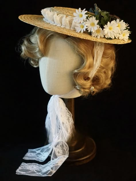 Handmade Lace Ruffle Flower Decorated Straw Hat Straw Hat Flowers, Edwardian Straw Hat, Victorian Hats Woman 1880, Wench Fashion, 1900s Accessories, Victorian Hats Woman, Hats Reference, 1900s Hats, 1800s Womens Fashion