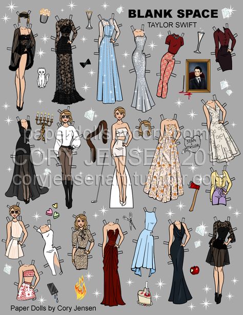 Taylor Swift and all the costume changes right down to the accessories in music video  "Blank Space", by Cory Jensen. Blank Space Outfits Taylor Swift, Blank Space Costume, Taylor Swift Blank Space Outfits, Taylor Swift Paper Doll Template, Blank Space Outfits, Taylor Swift Paper Craft, Taylor Swift Paper Doll, Taylor Swift Music Video Outfits, Taylor Swift Doll