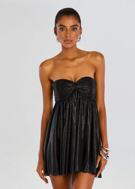 Enhance your soiree style with our Kaiser Dress. This strapless mini piece features a pleated bodice, coordinating skirt, and a bright metallic finish. Shown here in Black. 95% Polyester, 5% Spandex Made in China Model is 5'10" wearing size S Style No. FW22-5608 Expensive Cocktail Dress, Masquerade Mini Dress, Fancy Dresses Short Classy, Black Dance Dress, Fancy Dresses Short, Black Dance Dresses, Black Midi Dresses, Black Mini Dress Party, Cute Formal Dresses