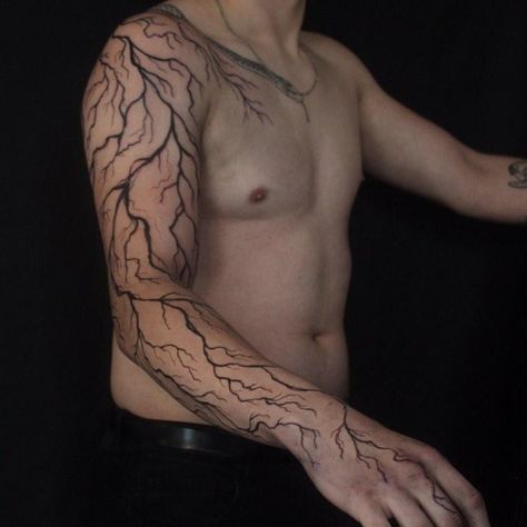 Thunder Flash Bolt Black Lightening Tattoo, Lightning Tattoo Designs Men, Lightening Sleeve Tattoo, Lightning Half Sleeve Tattoo, Lightning Arm Sleeve Tattoo, Thunder Tattoo Neck, Lightning Bolt Tattoo With Cloud, Full Arm Lightning Tattoo, Tattoo Of Lightning