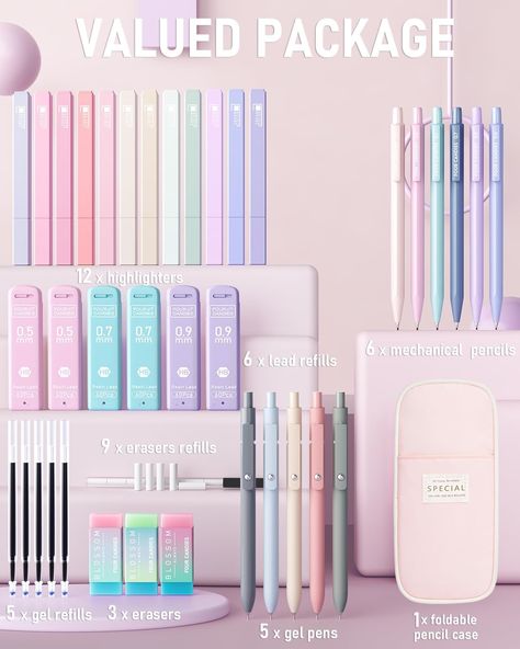 Pastel Highlighters, Aesthetic School Supplies, Business Pens, Gel Pens Coloring, Pastel Highlighter, Cute Stationary School Supplies, Aesthetic School, Stationery Essentials, College Essentials