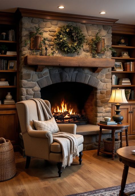 Rustic Living Room Rustic Fireplaces Farmhouse Style Wood, Center Room Fireplace, Rustic Electric Fireplace Ideas With Tv, Cozy Stone Fireplace, Rustic Fireplace Decor Ideas, Rustic Gas Fireplace Ideas, Bench By Fireplace, Big Fireplace Living Room, Seating In Front Of Fireplace