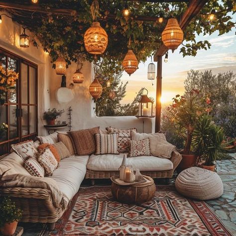 Boho Sitting Area, Plants And Lights, Garden Decorations Ideas, Small Porch Ideas, Lush Plants, Balcony Ideas Apartment Outdoor, Hippie Lifestyle, Backyard Garden Design, Balcony Design