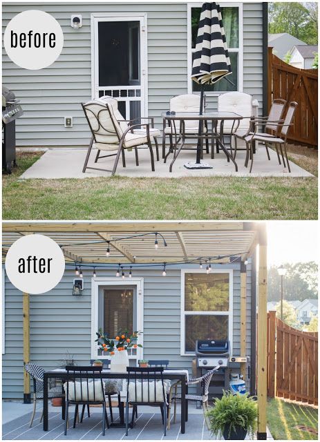 Before and After Patio Makeover- from a basic 10x10 concrete slab to a modern and budget friendly patio with a modern pergola! Building A Trellis, Concrete Patio Makeover, Patio Slabs, Modern Pergola, Patio Makeover, Patio Landscaping, Outdoor Decor Backyard, Pergola Patio, Backyard Makeover