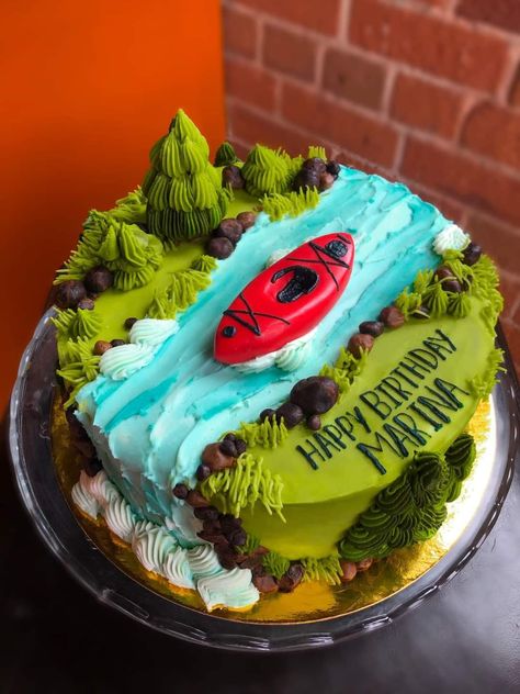 Hiking Cake Ideas, Outdoors Birthday Cake, Canoe Cake, River Cake, Kayak Cake, Hiking Cake, 21st Birthday Cake For Guys, Fishing Cake, Boat Cake