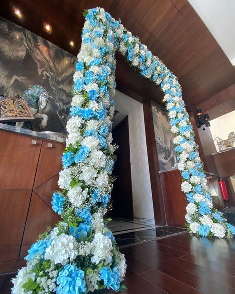 Ganesh Pandal Decoration, Blue And White Backdrop, Enterance Decor, Ganesh Pandal, Indian Outdoor Wedding Decor, Pandal Decoration, Mandap Decoration, Ganpati Decor, Entrance Arch