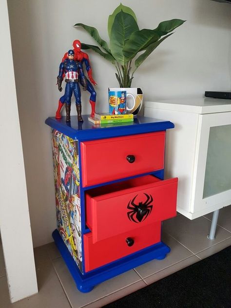 Spiderman Nightstand, Spiderman Furniture, Spider Man Toddler Room, Spiderman Room Boys, Spiderman Dresser, Spiderman Bedroom Ideas Kid Rooms, Boy Superhero Bedroom, Spider Man Room Ideas Kids, Spiderman Bedroom Ideas