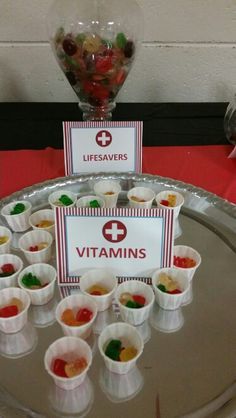 First Aid Themed Snacks, Geriatric Themed Party, Nursing Home Theme Party, Medical Themed Drinks, Halloween Medical Theme, Medical Halloween Party, Asylum Themed Halloween Party, Medicare Birthday Party Ideas, Nurse Grad Party Food