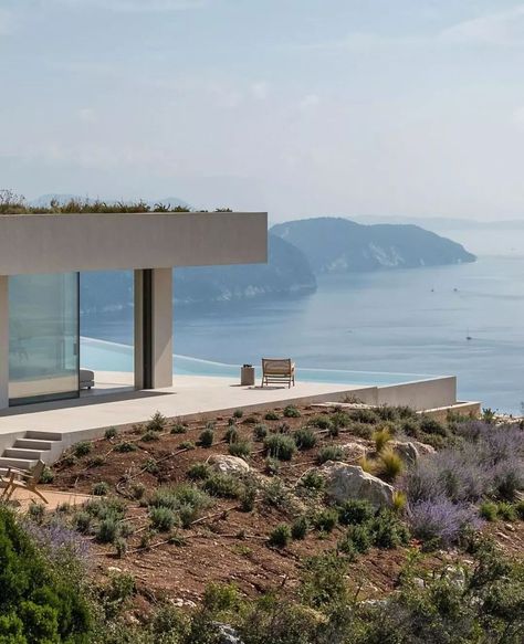 Sunday spaces: Oikos Nostos villa on the island of Poros via @thethinkingtraveller Guest Wc, Greek Sun, Lefkada Greece, Kelly Behun, Canada Holiday, Double Sinks, Easy Chairs, Holiday House, L Shaped Sofa