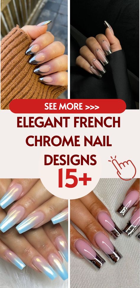 Enhance your style with chic French chrome nails! Infuse sophistication and radiance into your manicure with our exquisite collection of French chrome designs. Our expert nail technicians skillfully blend the traditional French tip with a contemporary twist - a captivating chrome finish. The fusion of timeless elegance and captivating chrome effect is sure to make your nails pop. Whether you fancy subtle silver chrome or glamorous rose gold, our elegant designs will suit any ensemble and event p Nails Almond Chrome, Nails French Tip Chrome, Nails Green Chrome, Chrome Nails Green, Pink Chrome Nails Designs, Chrome Nails With Design, French Nails Chrome, Chrome Nails Purple, Square Chrome Nails