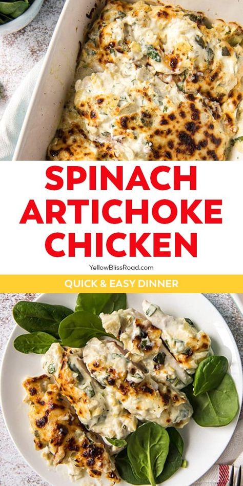 Spinach Artichoke Chicken Baked Chicken With Artichokes, Baked Artichoke Chicken, Artichoke Chicken Recipes, Creamy Spinach Artichoke Dip, Weeknight Chicken Dinner, Easy Weeknight Chicken, Grilled Salmon Salad, Simple Spinach Salad, Chicken Artichoke