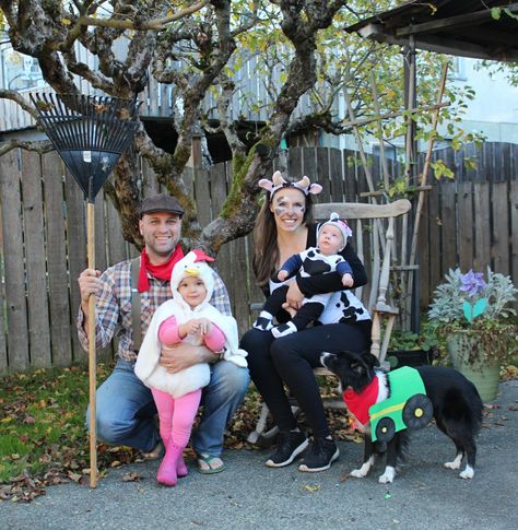 Costume, costumes, Halloween, farmer, animals Family Cow Costumes, Old Macdonald Costume, Farm Animal Halloween Costumes, Farm Animals Halloween Costumes, Halloween Costumes Teen, Halloween Costumes Family, Farm Animal Costumes, Sibling Costume, Cow And Calf