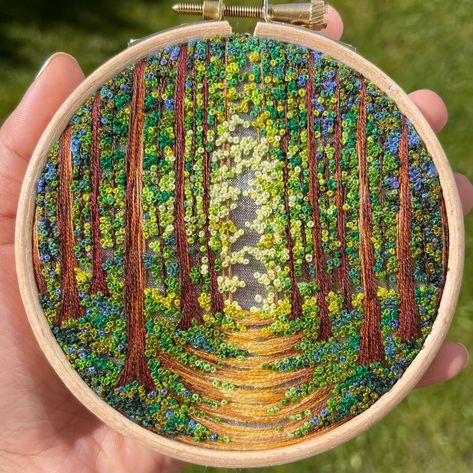 A Forest Path | Etsy Forest Embroidery, Learning To Embroider, Beach Wood, Embroidery Threads, Forest Path, Bead Embroidery Patterns, Embroidered Art, French Knots, Cute Embroidery