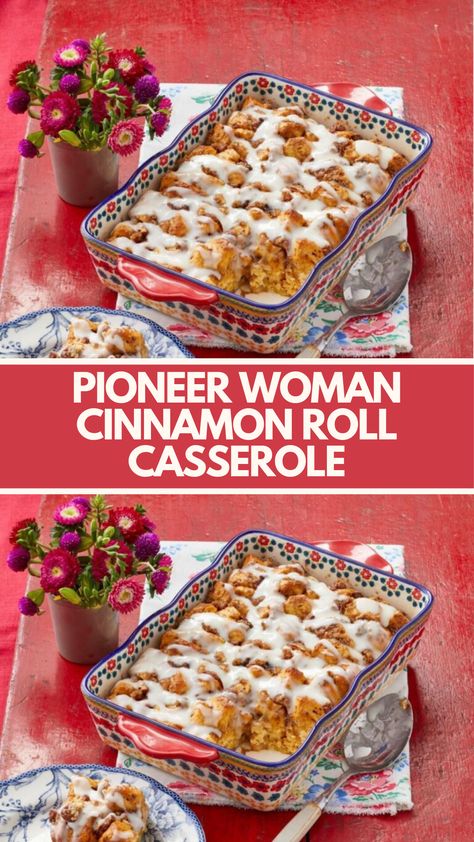 Pioneer Woman Cinnamon Roll Casserole, created by Ree Drummond, is made with refrigerated cinnamon roll dough, eggs, half-and-half, dark brown sugar, pecans, and sour cream.

This easy cinnamon roll casserole recipe creates a delicious breakfast or brunch dish that takes about 45 minutes to prepare and can serve up to 8-10 people Pioneer Woman Cinnamon Roll Casserole, Bree Drummond Recipes, Cinnamon Rolls Casserole Easy, Pioneer Woman Brunch Recipes, Ree Drummond Recipes Desserts, Can Cinnamon Roll Recipes, Breakfast Cinnamon Roll Casserole, Pioneer Woman Breakfast Casserole, Canned Cinnamon Roll Ideas