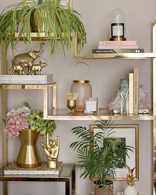 Tiny Makeup, Beautiful Tiles, Gold Shelves, Lots Of Plants, Marble Shelf, Abstract Impressionism, Eclectic Boho, Picture Rail, Room Refresh