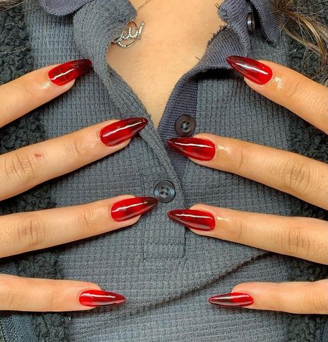 Sheer Jelly Nails, Clear Red Acrylic Nails, Glass Nails Red, Translucent Red Nails, Red Nails Jelly, Red Clear Nails, Medium Stiletto Nails Designs, Red Jelly Stiletto Nails, Glass Red Nails