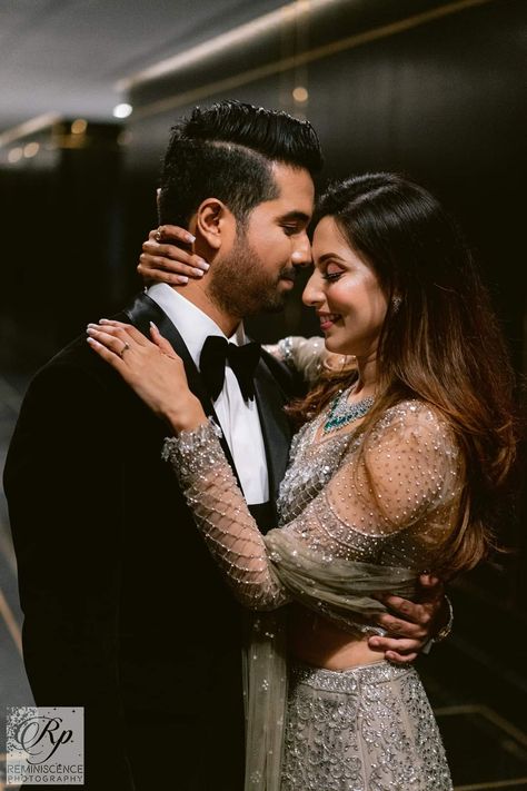 Reception Wedding Poses, Couple Pose For Reception, Saree And Blazer Couple Photoshoot, Sangeet Poses For Bride And Groom, Couple Photography Poses Reception, Reception Look For Couple, Sangeet Couple Portraits, Roka Ceremony Poses, Sangeet Photography Poses