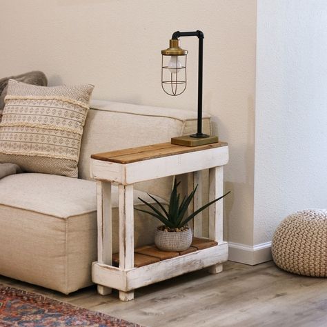 "Our Luxe Accent Table will make the perfect addition to your home. The table measures 26x8x23H and is made entirely of reclaimed wood. Rectangle End Tables Living Room, Porch End Table Ideas, Living Room End Tables Ideas, Cattery Ideas, Living Room Designs Farmhouse, Living Room Side Tables, Narrow Nightstand, Hall Console, Rustic Sofa