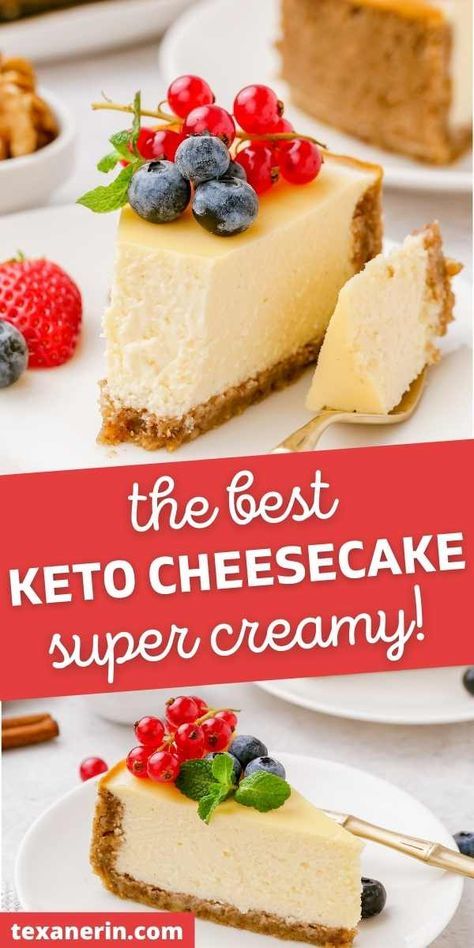 Keto Cheesecake - Texanerin Baking Best Keto Cheesecake, Keto Cheesecakes, Sugar Free Cheesecake, Keto Cakes, Low Carb Cheesecake, Low Carb Low Sugar, Keto Cheesecake, Low Carb Diet Recipes, Low Carb Dessert