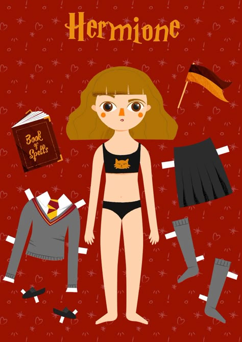 Hermione (Harry Potter) by Fabiola Correas #Hogwarts #paperdoll #toy #Griffindor Harry Potter Paper Dolls, Hermione Bag, Harry Potter Dress, Festa Harry Potter, Cute Origami, Cat Printable, Paper Doll Dress, Harry Potter Outfits, Harry Potter Hermione