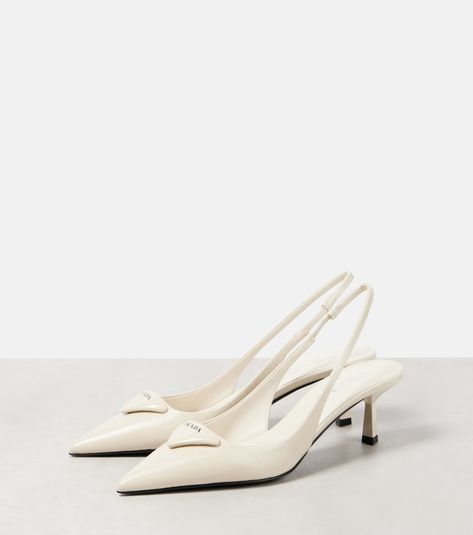 Patent leather slingback pumps in white - Prada | Mytheresa Prada White Heels, Prada Wedding, Prada Slingback, Prada Heels, Mid Heels Pumps, White Pumps, White Heels, Prada Shoes, Slingback Pump