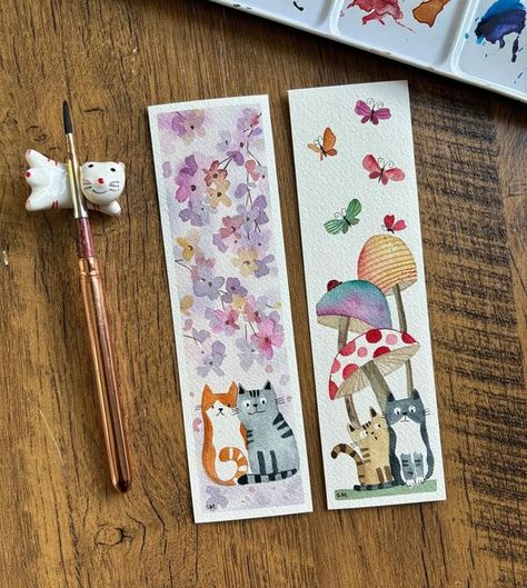 Colorsbysue Cute Bookmarks Watercolor, Watercolor Bookmarks Birds, Waterpaint Bookmark, Cat Book Marks, Cat Bookmark Watercolor, Bee Painting, Creative Bookmarks, Watercolor Bookmarks, Happy Art