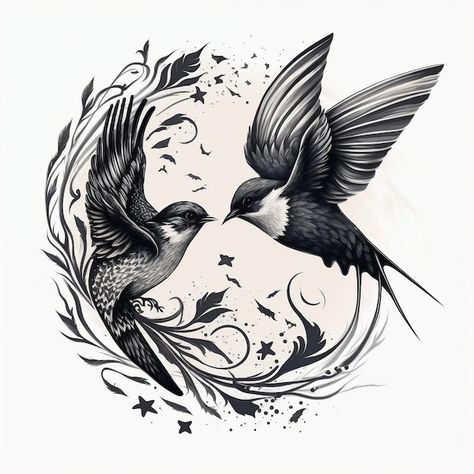 Two Love Birds Tattoo, Two Birds Tattoo Design, Two Birds Drawing, Love Birds Tattoo, Two Birds Tattoo, Bird Tattoo Design, Random Reference, Open Wings, Bird Sketch