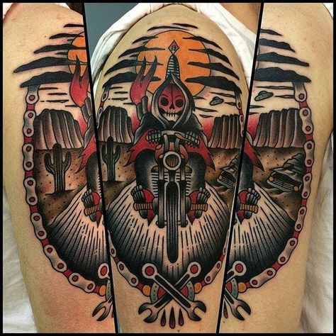 Tattoo Motorcycle, Traditional Back Tattoo, Old School Traditional Tattoo, Bike Tattoo, Biker Tattoo, Motorcycle Tattoos, Reaper Tattoo, Old School Traditional, Bike Tattoos