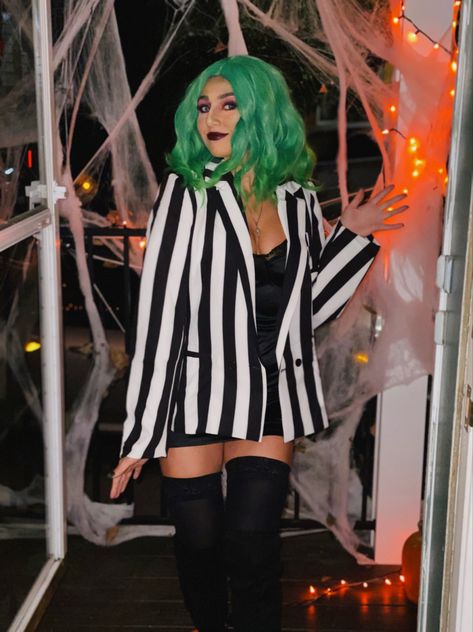 Beetle Juice Hair, Beetlejuice Wife Costume, Beetlejuice Fancy Dress Women, Costume With Green Hair, Beetlejuice Diy Costume Female, Bettle Juice Costume Woman, Halloween Womens Costumes Ideas Easy Diy, Womens Adult Halloween Costumes, Beetlejuice Costumes Female