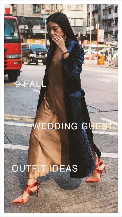 Fall Occasion Outfit, New York Fall Wedding Guest Outfit, Cool Wedding Outfits Guest, Vinyard Wedding Guest Attire Fall, Casual Cocktail Wedding Attire, Fall Wedding Guest Dress With Coat, Slip Dress Wedding Guest Fall, What To Wear To A Cold Wedding, Trendy Fall Wedding Guest Outfit