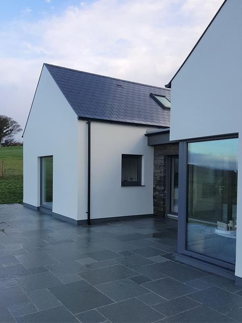 Moneycusker House - Edge Architecture Modern Cottage Extension, Modern Irish Bungalow, Bungalow House Design Ireland, Heb Homes, Irish Bungalow Design, Modern Irish House, Modern Irish Cottage, Patio Ideas Ireland, House Exterior Ireland