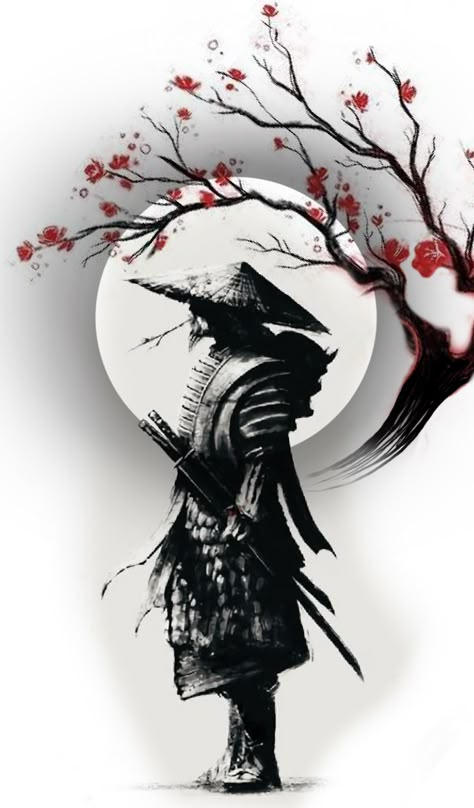 Dark Cherry Blossom Tattoo, Japanese Crane Stencil, Tato Japan, Black And Red Japanese Tattoo, Japanese Tattoo Designs Men, Oni Samurai Tattoo, Semi Realism Tattoo, Japan Tattoo Sketch, Japanese Moon Tattoo