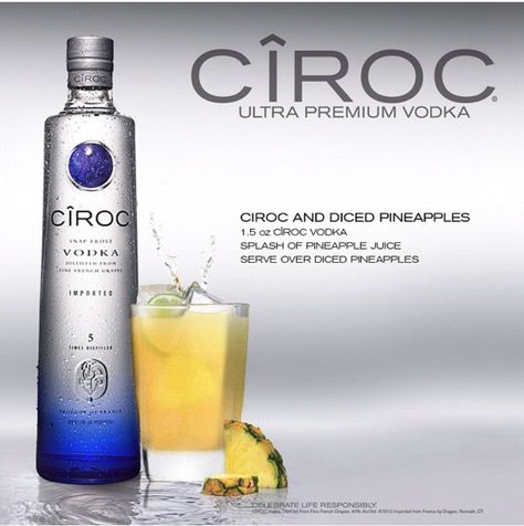 Ciroc and Diced Pineapples Ciroc Drinks, Diced Pineapples, Alcohol Mixers, Jello Pudding Shots, Ciroc Recipes, Ciroc Vodka, Mackerel Recipes, Pineapple Cocktail, Mix Drinks